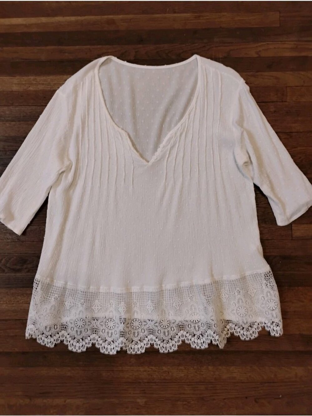 Boho Pintucked Sheer Blouse Swiss Dot Lace Detail Pullovet Lightweight 3XL White - Picture 2 of 7